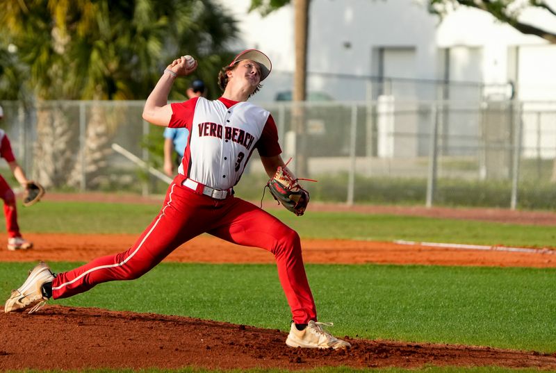 Vero Beach’s Cody Morgan (3) pitches against Jensen Beach, April 10, 2026, at Vero Beach High School.