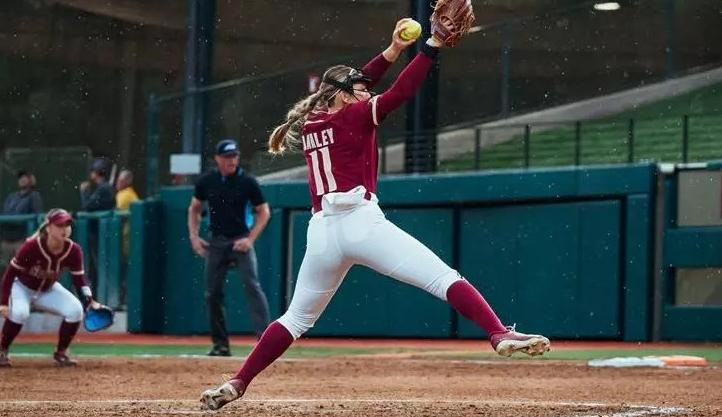 Florida State softball Ashtyn Danley releases a pitch against Stanford on Friday, April 10, 2026.