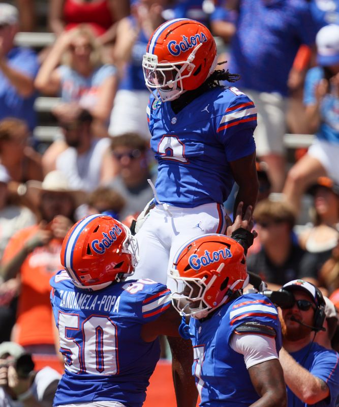 Florida wide receiver Micah Mays Jr. (5) celebrates during the second half of the Orange and Blue game at Steve Spurrier Field at Ben Hill Griffin Stadium in Gainesville, FL on Saturday, April 11, 2026. [Alan Youngblood/Gainesville Sun]