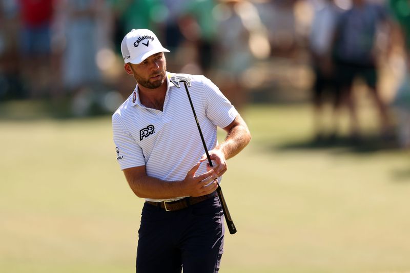 Apr 11, 2026; Augusta, Georgia, USA; Sam Burns reacts after putting on the sixth green during the third round of the Masters Tournament at Augusta National Golf Club. Mandatory Credit: Bill Streicher-Imagn Images
