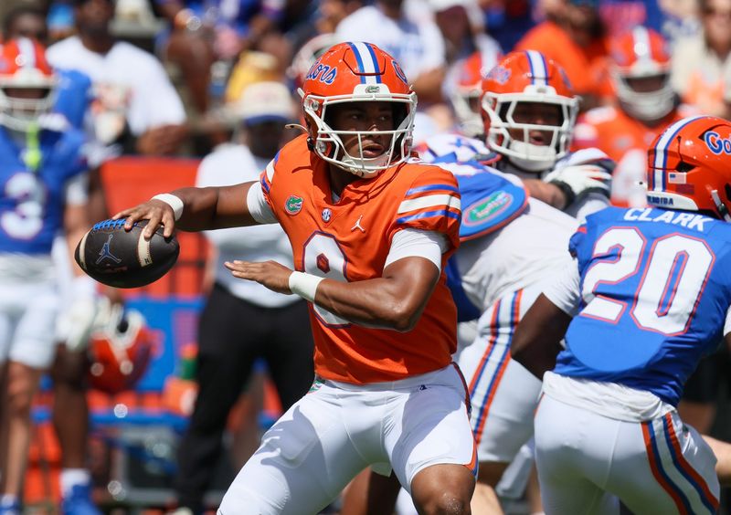 Florida quarterback Tramell Jones Jr. (9) passes during the first half of the Orange and Blue game at Steve Spurrier Field at Ben Hill Griffin Stadium in Gainesville, FL on Saturday, April 11, 2026. [Alan Youngblood/Gainesville Sun]