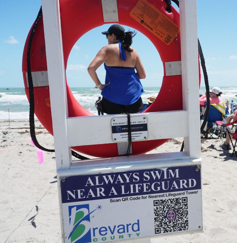 Brevard County Ocean Rescue signs along the beach near Lori Wilson Park at the 2026 Cocoa Beach Air Dot Show, held April 11 and 12.