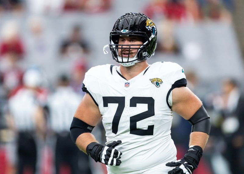 Nov 23, 2025; Glendale, Arizona, USA; Jacksonville Jaguars offensive lineman Walker Little (72) against the Arizona Cardinals at State Farm Stadium. Mandatory Credit: Mark J. Rebilas-Imagn Images