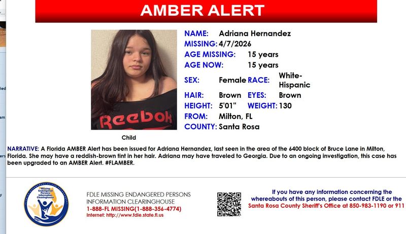 An Amber Alert was issued April 13, 2026, for a 15-year-old girl last seen in Santa Rosa County, Florida.