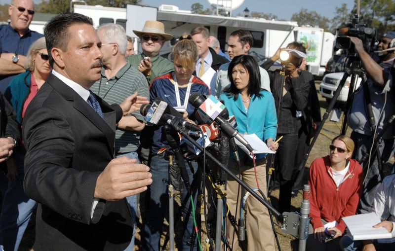 On Feb. 13, 2009, Putnam County Sheriff Jeff Hardy fields questions from the media updating the status of the search for missing 5-year-old Haleigh Cummings in Satsuma.