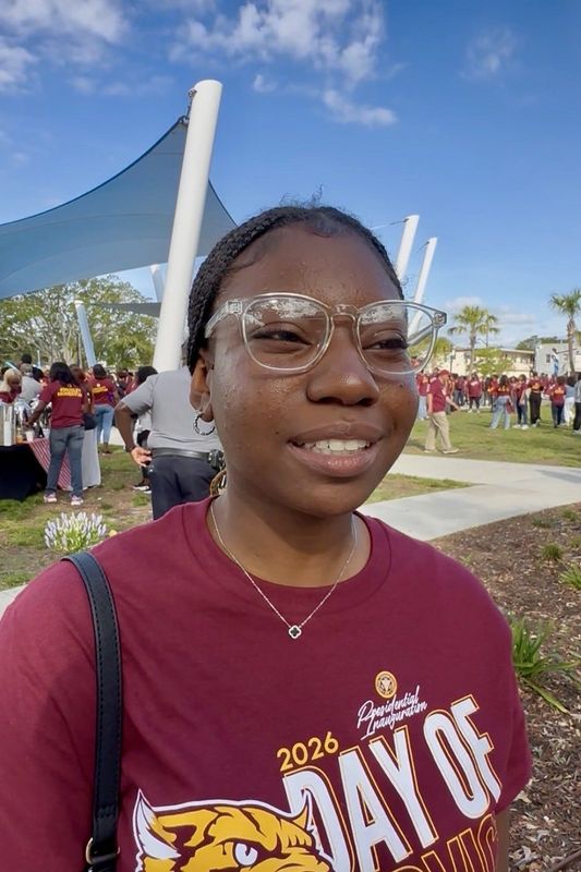 Sophomore Azuri Edwards says she is excited to participate in a Bethune-Cookman University day of service following a warmup event at Daisy Stocking Park in Daytona Beach on April 13, 2026.