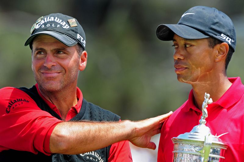 June 16, 2008; San Diego, CA, USA; Tiger Woods (right) is congratulated by Rocco Mediate after winning the 2008 US Open Championship in a playoff at Torrey Pines. Mandatory Credit: Mark J. Rebilas-USA TODAY Sports