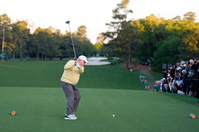 Apr 9, 2026; Augusta, Georgia, USA; Honorary starter Jack Nicklaus tees off on the first hole during the first round of the Masters Tournament at Augusta National Golf Club. Mandatory Credit: Katie Goodale-Imagn Images