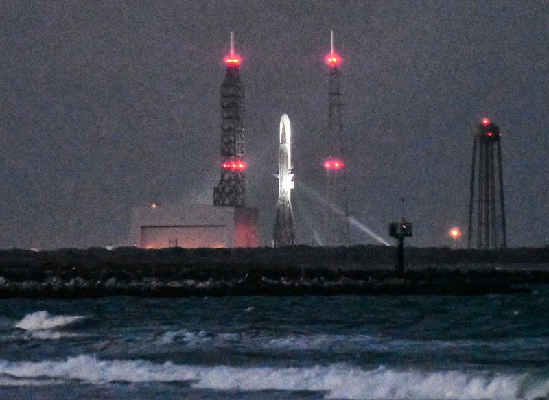 Blue Origin's third New Glenn rocket sits on Launch Complex 36 at dusk Tuesday, April 14, at Cape Canaveral Space Force Station.
