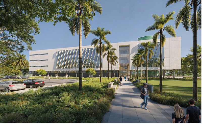 Rendering of a new academic building at Florida Gulf Coast University that is targeted for completion in spring 2029 focused on health care professions. The complex will be the largest on campus to date at four stories and 158,000 square feet.