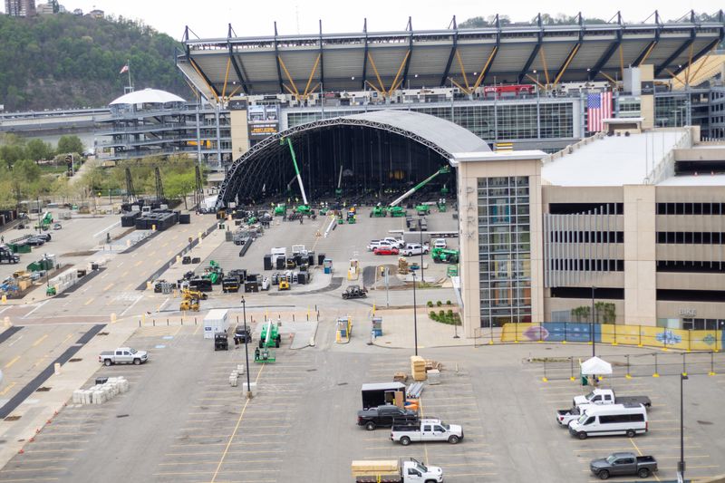 Tuesday, April 14, 2026; An ariel view of the NFL Draft Stage on Pittsburgh's North Shore.
