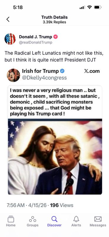 A screenshot of a social media post with an AI-generated image that President Donald trump shared on April 15.