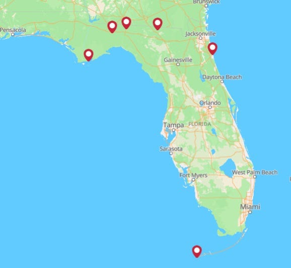 America250FL features statues honoring notable figures in Florida's history. Statues were planned for across Florida counties named for America’s founders. Not yet shown on the map is the new statue unveiled April 15, 2026, at Bok Tower Gardens in Lake Wales.