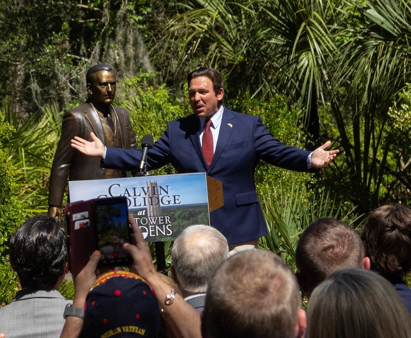 Florida Gov. Ron DeSantis appeared on April 15 at Bok Tower Gardens in Lake Wales, adjacent to the Mountain Lake community, to dedicate a sculpture of Calvin Coolidge, the 30th president.