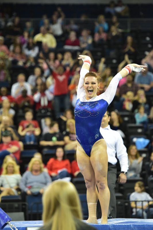 Bridget Sloan after scoring a 10 on the uneven bars at the 2015 SEC Gymnastics Championships. Sloan was named to the UF Athletics Hall of Fame this week.