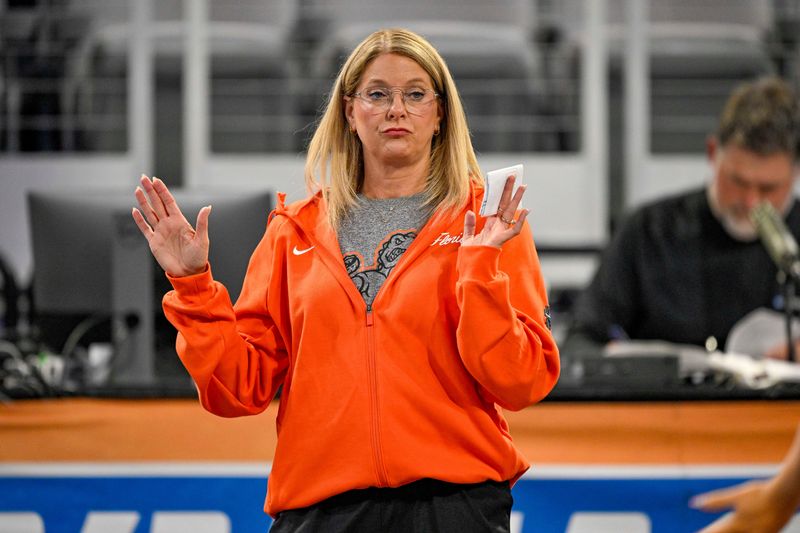 Apr 16, 2026; Fort Worth, TX, USA; University of Florida head coach Jenny Rowland looks on before semifinals for the 2026 NCAA Women’s Gymnastics National Championships at Dickies Arena. Mandatory Credit: Jerome Miron-Imagn Images
