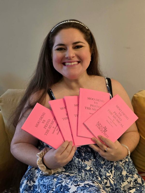 The first photo is one of playwright Danielle Wirsansky holding copies of the recently published script, "Moo Deng vs. Pesto: The Musical!"