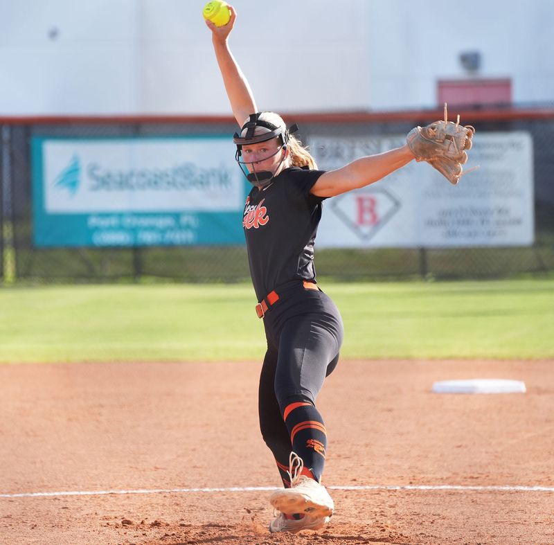 Spruce Creek’s Reese Cianciarulo (6) pitches during the Five Star Conference softball finals against University High School, April 16, 2026.