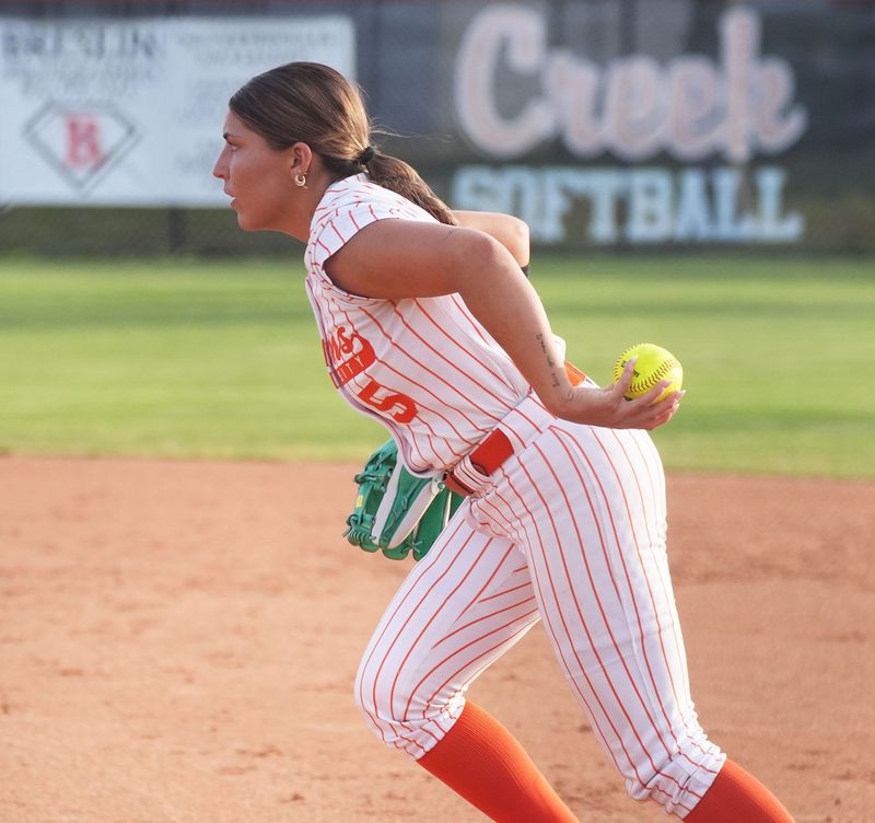 University’s Hayden Nichols (5) catches the ball for an out at first base during the Five Star Conference softball finals against Spruce Creek High School, April 16, 2026.