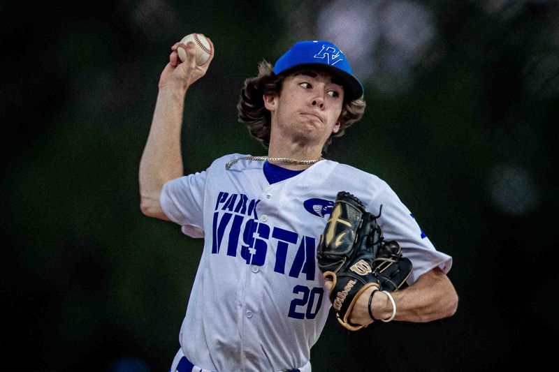 Cody Wexler (20) delivers a pitch as Park Vista hosted Boca Raton in District 12-7A playoff action at West Boynton Park in unincorporated Palm Beach County, Fla., on April 16, 2026.