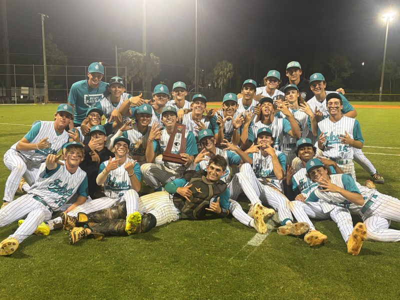 The Jensen Beach High School baseball celebrates after defeating Dr. Joaquin Garcia 4-2 during the District 14-4A Final on Thursday, April 16, 2026 from Jensen Beach High School.