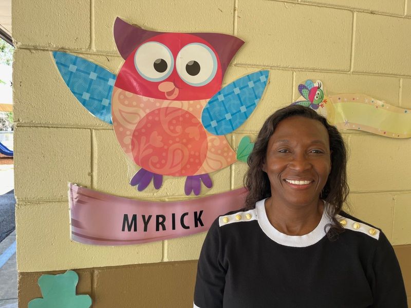 Glenda Myrick, kindergarten teacher at Ward-Highlands Elementary School, is shown in her classroom on April 14. Myrick has adopted the owl image as a reminder that some students feel she can see in 360 degrees.