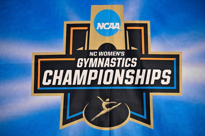 Apr 16, 2026; Fort Worth, TX, USA; A view of the championship logo before the semifinals for the 2026 NCAA Women’s Gymnastics National Championships at Dickies Arena. Mandatory Credit: Jerome Miron-Imagn Images