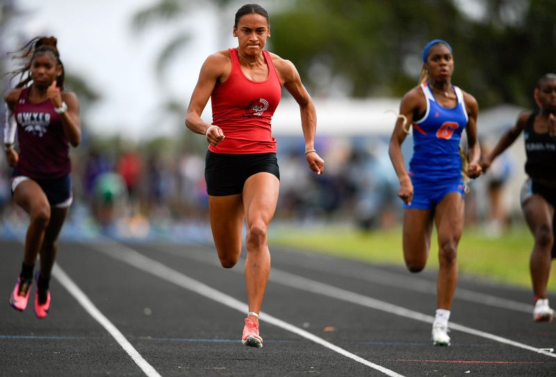 Vero Beach's Taylor-Nicole Overton competes in the District 8-4A track and field meet, April 17, 2026, at Martin County High School.