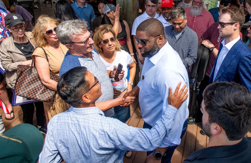 Candidate for governor Byron Donalds speaks to supporters during his Defending the Florida Dream Rally in Pensacola Fl. Saturday, April 18 2026 at The Fish House.