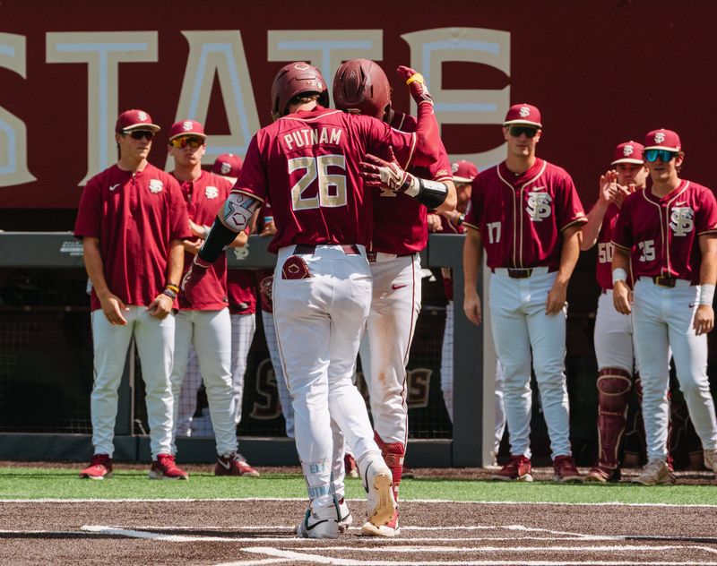 FSU baseball's Eli Putnam celebrates a home run hit against Notre Dame on Saturday, April 18, 2026 at Dick Howser Stadium