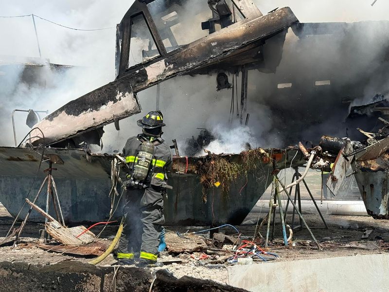 Firefighters put out a blaze April 18, 2026, that destroyed a sailboat at a marina on Old Dixie Highway in Fort Pierce, Florida