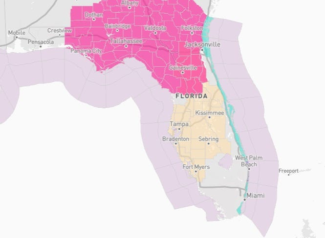 Red flag warnings I(pink) and a fire weather watch (yellow) were issued in Florida April 20, 2026.