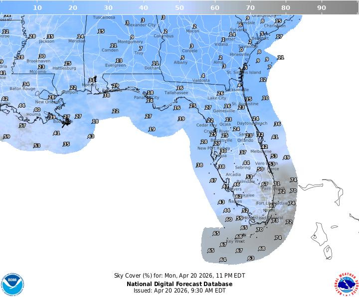 This graphic from the National Weather Service shows cloud cover in Florida going into the first overnight date when the Lyrids meteor shower is at peak activity.