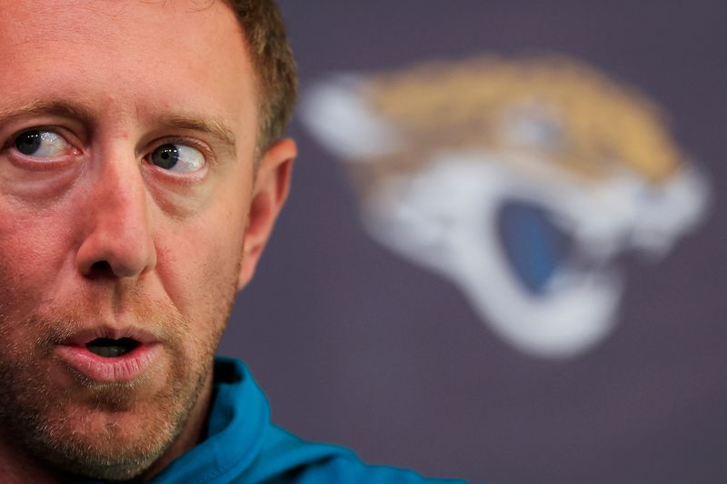Jacksonville Jaguars head coach Liam Coen speaks during a press conference at the Miller Electric Center, Monday, April 20, 2026 in Jacksonville, Fla.