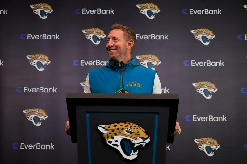 Jacksonville Jaguars head coach Liam Coen speaks during a press conference at the Miller Electric Center, Monday, April 20, 2026 in Jacksonville, Fla.