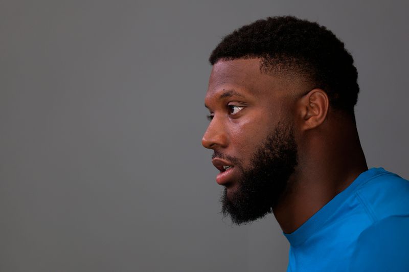 Jacksonville Jaguars defensive end Josh Hines-Allen speaks during a press conference at the Miller Electric Center, Monday, April 20, 2026 in Jacksonville, Fla.