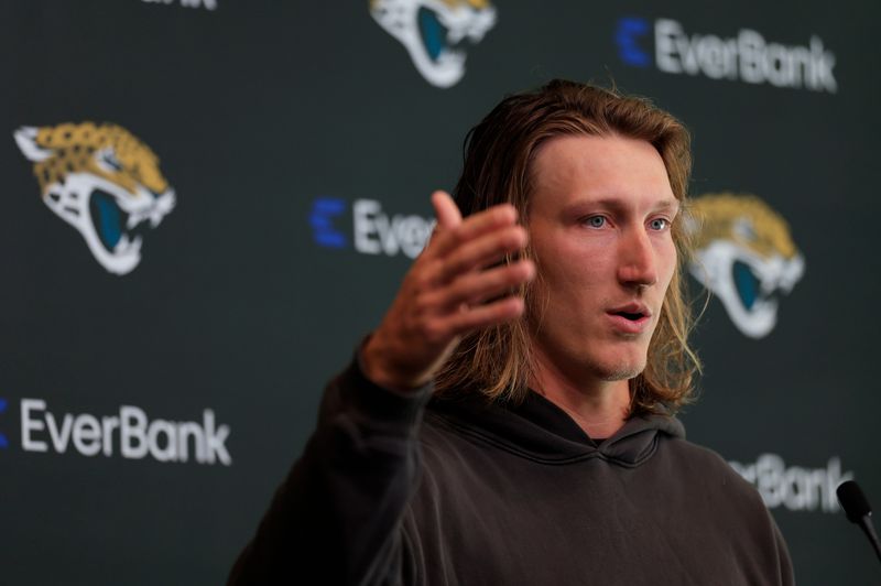 Jacksonville Jaguars quarterback Trevor Lawrence speaks during a press conference at the Miller Electric Center, Monday, April 20, 2026 in Jacksonville, Fla.