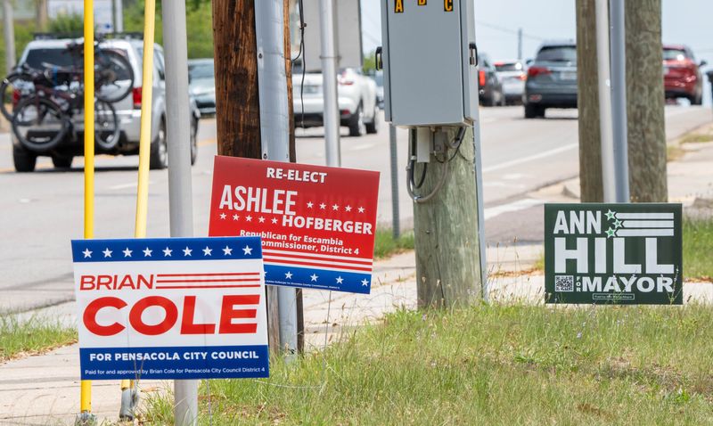 Campaign signs along Cervantes Street in Pensacola on April 20, 2026.