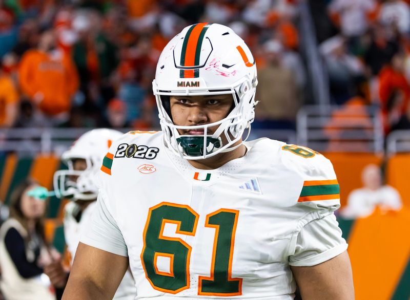 Miami Hurricanes offensive lineman Francis Mauigoa (61) against the Indiana Hoosiers during the College Football Playoff National Championship game at Hard Rock Stadium in Miami Gardens on Jan. 19, 2026.
