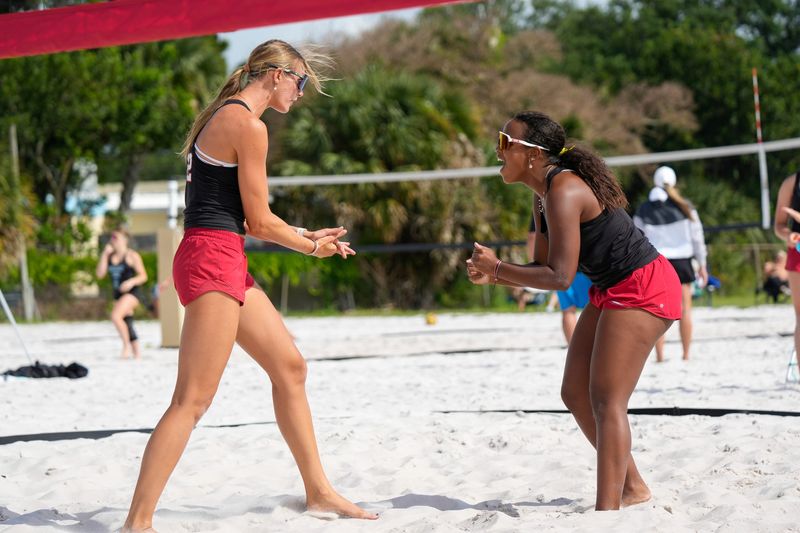 Vero Beach’s Tori Malone (2) and Cora Darling (22) during a District 7-3A beach volleyball tournament, April 20, 2026, at Vero Beach High School.