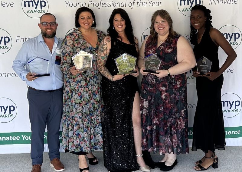 The MYP winners included, from left, Shawn Osborne of Cox Chevrolet, Eleni Sokos of Oysters Rock Hospitality, Aubrie Stevens-Polson of Harbor Chiropractic, Amariah Dawes of Johnson Messal Bristow, and Karena Ballard of the Pittsburgh Pirates/Bradenton Marauders.