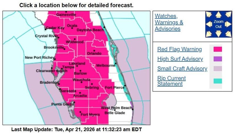 A National Weather Service forecast graphic shows a red flag warning for the Fort Myers-Naples area for April 21. NWS recorded gusts as high as 36 miles per hour at the Southwest Florida International Airport.