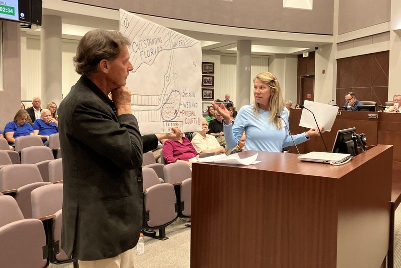 Paul and Susie Holmes share concerns about the proposed Creek Crossing development with the Volusia County Council on April 21.
