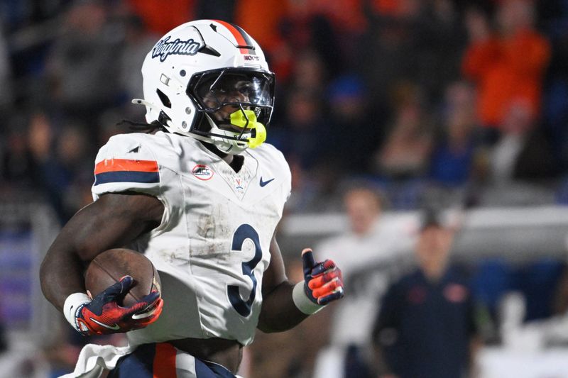 Nov 15, 2025; Durham, North Carolina, USA; Virginia Cavaliers running back J'Mari Taylor (3) scores a touchdown against the Duke Blue Devils during the third quarter at Wallace Wade Stadium. Mandatory Credit: Zachary Taft-Imagn Images