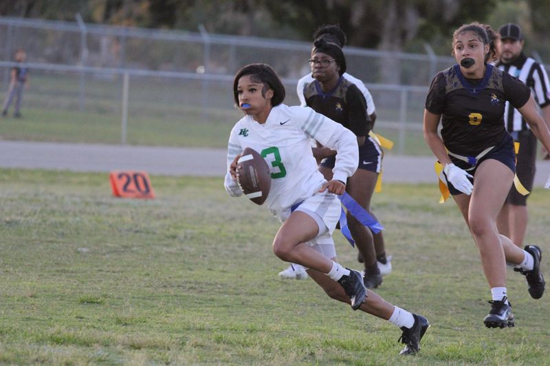 Featuring Haines City's Zebrielle Canaday (3) and Winter Haven's Quin Sanders (7) and led by Haines City's Stephen Stansbury (white hat) and Winter Haven's Matt Timmons (black shirt), Haines City won 45-26 in the semifinal game over Winter Haven Tuesday, April 21, 2026, at Haines City High School.
