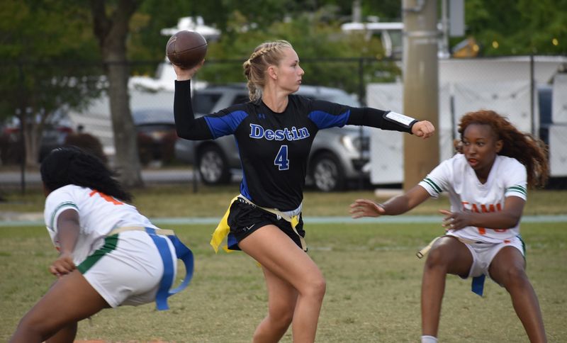 Destin's Neilya Stewart threw six touchdown passes in the 37-12 win over FAMU DRS Rattlers in the district tournament on April 21 in Destin.