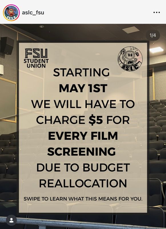 The ASLC's Instagram post that announced a $5 fee for movie screenings. This post was taken down by April 22, 2026.