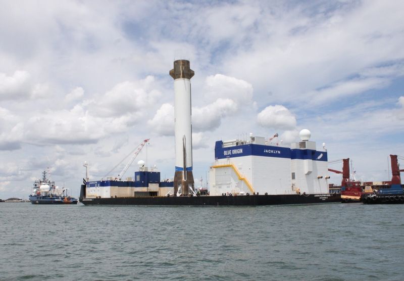 Blue Origin's New Glenn booster comes into Port Canaveral on April 22 after landing for a second time.