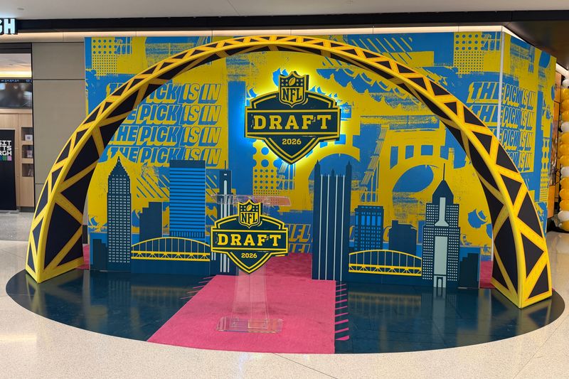 Apr 21, 2026; Pittsburgh, PA, USA; A 2026 NFL Draft stage activation at the Pittsburgh International Airport. Mandatory Credit: Kirby Lee-Imagn Images
