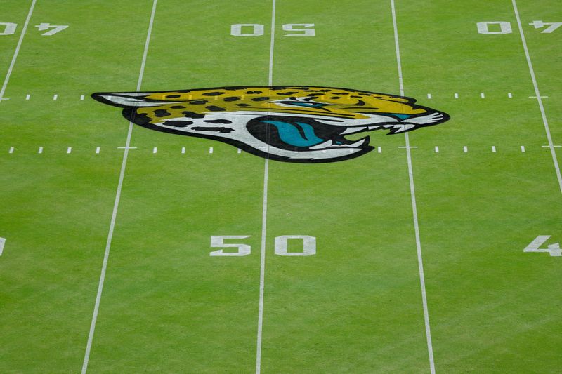 Sep 7, 2025; Jacksonville, Florida, USA; The Jacksonville Jaguars logo at midfield prior to a game between the Jacksonville Jaguars and the Carolina Panthers at EverBank Stadium. Mandatory Credit: Nathan Ray Seebeck-Imagn Images